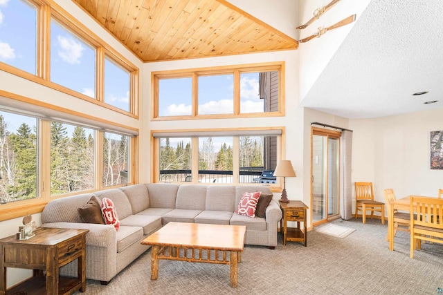 living room with light carpet and a high ceiling