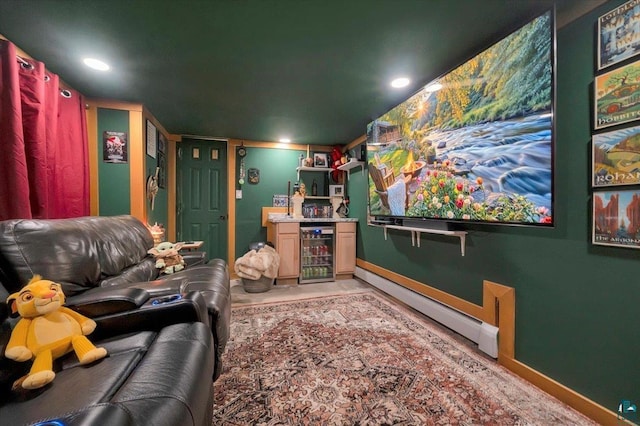 cinema room with baseboards, wine cooler, and recessed lighting