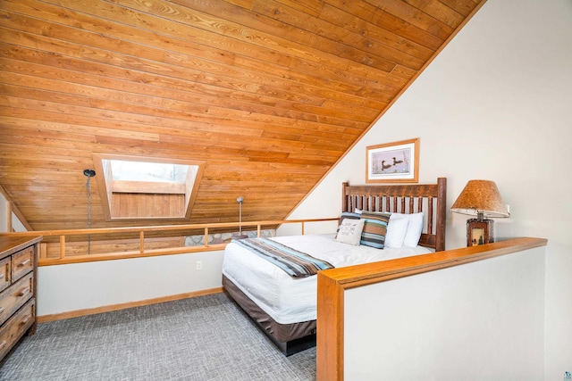 carpeted bedroom featuring wood ceiling, baseboards, and lofted ceiling with skylight