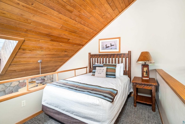 bedroom featuring wooden ceiling, carpet, and vaulted ceiling