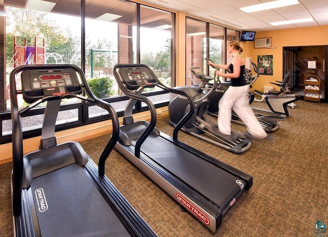 workout area with carpet flooring and a drop ceiling