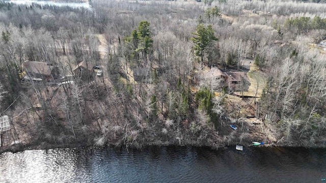 drone / aerial view with a water view and a wooded view