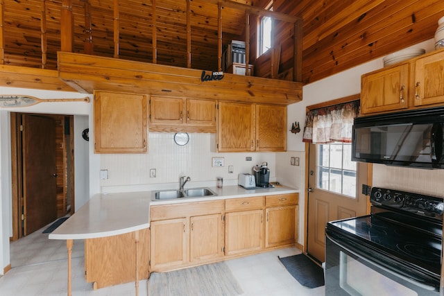 kitchen with a sink, tasteful backsplash, light floors, light countertops, and black appliances