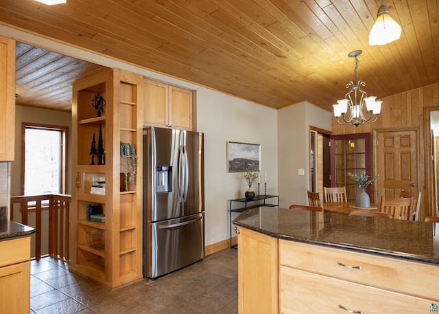 kitchen featuring wooden ceiling, stainless steel refrigerator with ice dispenser, a notable chandelier, and open shelves