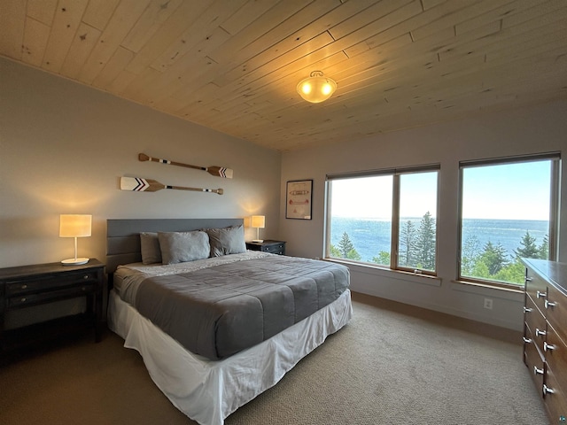 bedroom featuring wooden ceiling, baseboards, and carpet