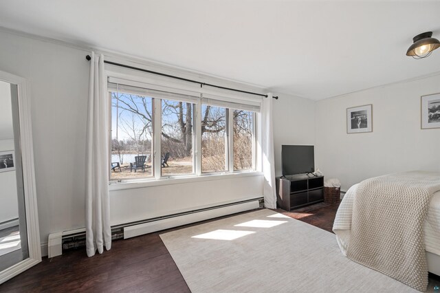 bedroom featuring a baseboard heating unit, dark wood finished floors, and multiple windows