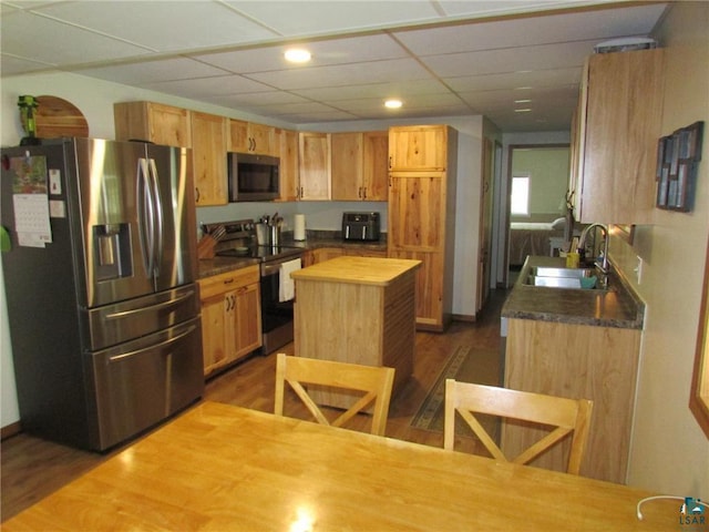kitchen featuring appliances with stainless steel finishes, dark wood-type flooring, wood counters, and a sink