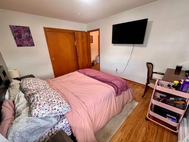 bedroom featuring wood finished floors and a closet