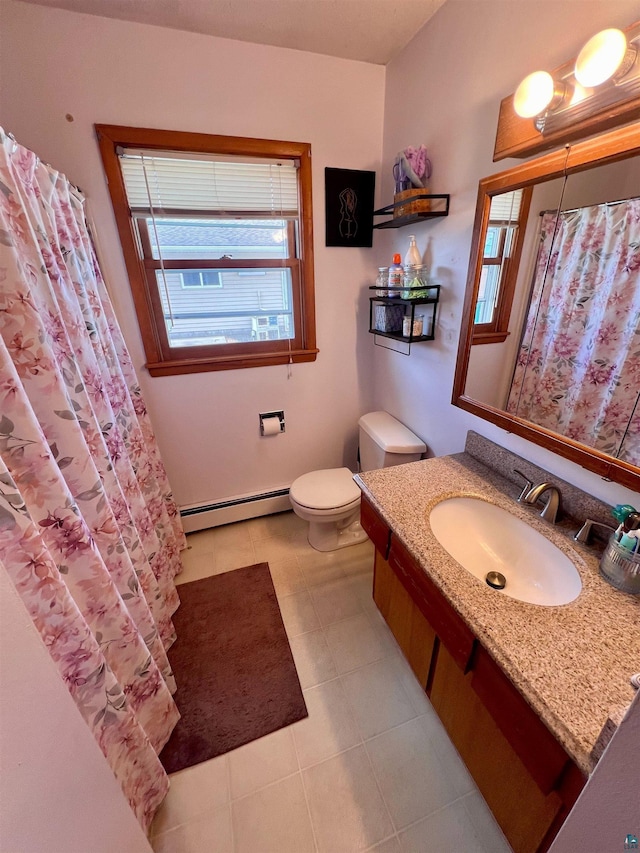 bathroom featuring a baseboard heating unit, a shower with curtain, vanity, tile patterned floors, and toilet