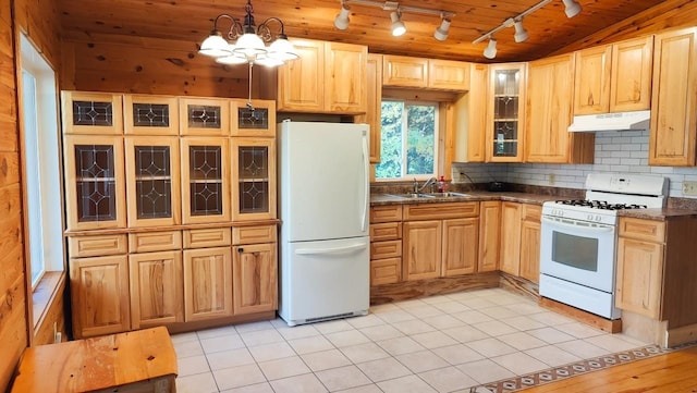 kitchen featuring track lighting, tasteful backsplash, white appliances, under cabinet range hood, and a sink
