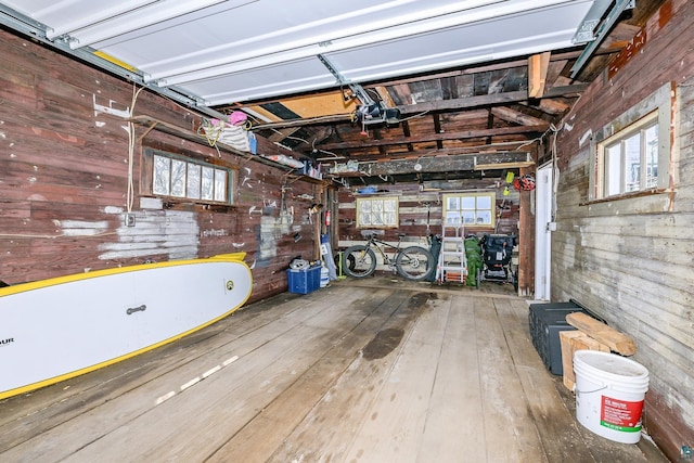 garage with wood walls