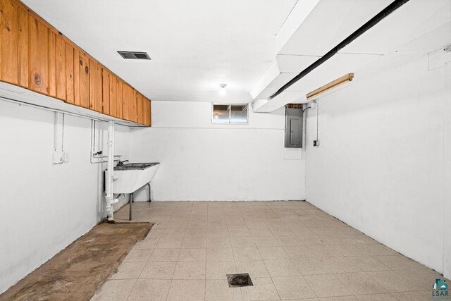 basement with a sink, visible vents, light floors, and electric panel