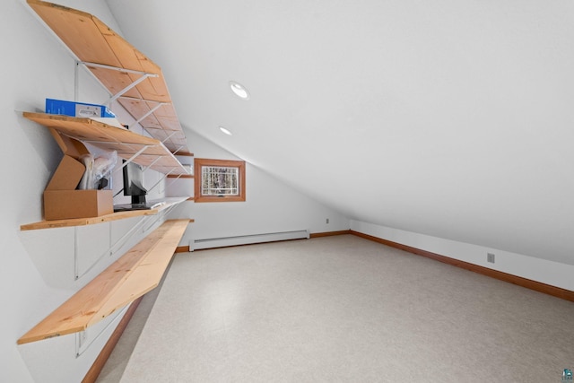 bonus room with baseboards, vaulted ceiling, recessed lighting, and a baseboard radiator