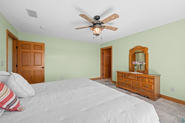 bedroom with visible vents, ceiling fan, and baseboards