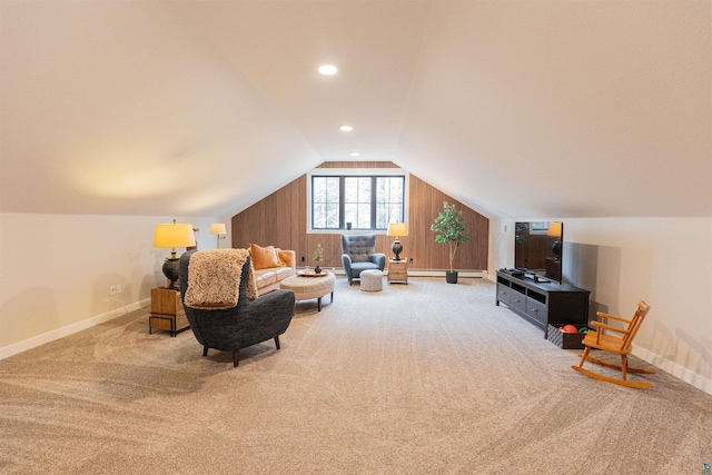 living area with baseboards, carpet, and lofted ceiling