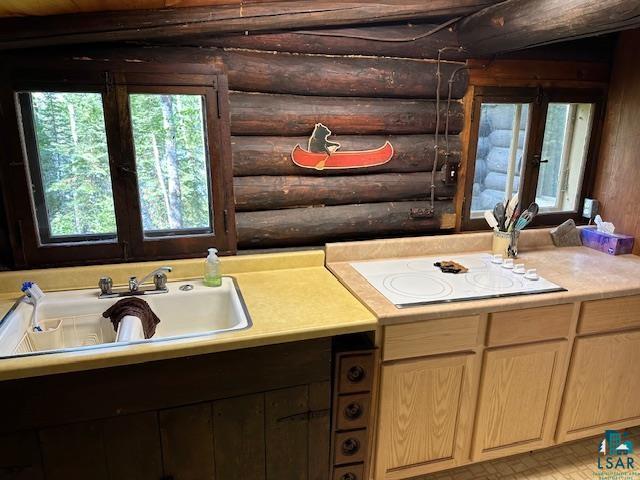 bathroom with a sink, plenty of natural light, and rustic walls