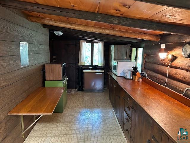 interior space featuring wooden walls, wooden ceiling, rustic walls, and beam ceiling