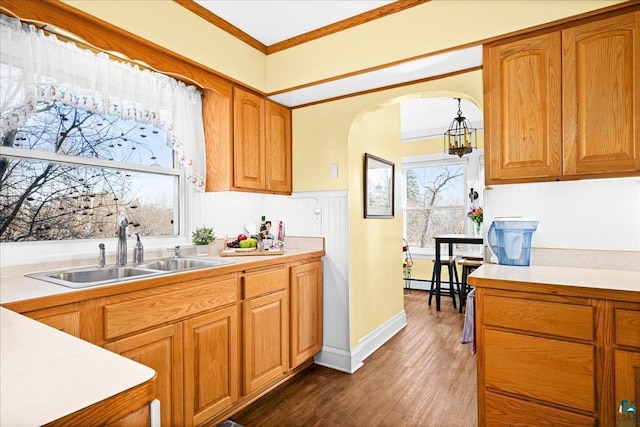 kitchen featuring a sink, dark wood finished floors, arched walkways, and light countertops