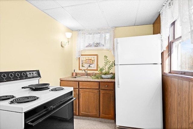 kitchen with freestanding refrigerator, range with electric stovetop, plenty of natural light, brown cabinets, and a sink