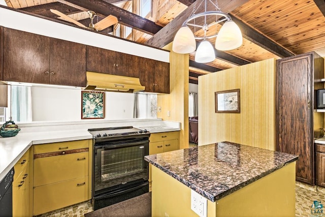 kitchen featuring beamed ceiling, wallpapered walls, wood ceiling, under cabinet range hood, and black appliances