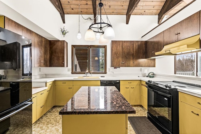 kitchen with beam ceiling, a sink, under cabinet range hood, wood ceiling, and black appliances
