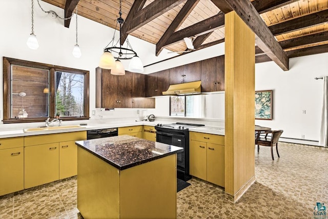 kitchen with a sink, black appliances, wooden ceiling, and beamed ceiling