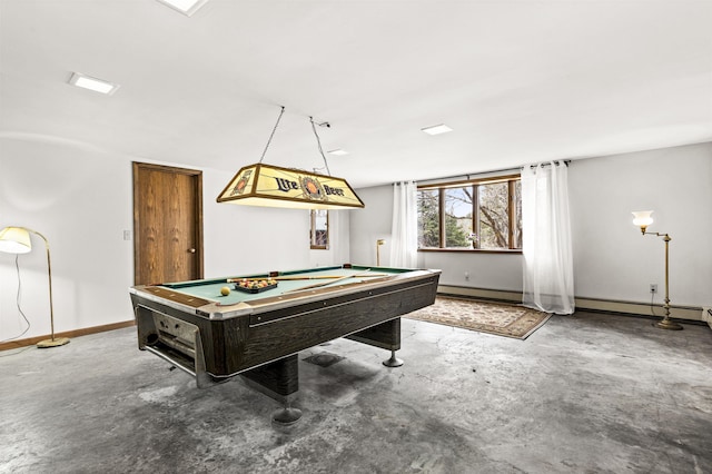 rec room with baseboards, concrete floors, a baseboard heating unit, and pool table