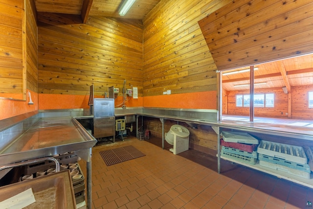 kitchen featuring wooden ceiling, wood walls, and beam ceiling