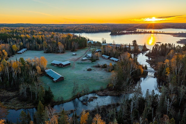 aerial view at dusk with a water view and a forest view