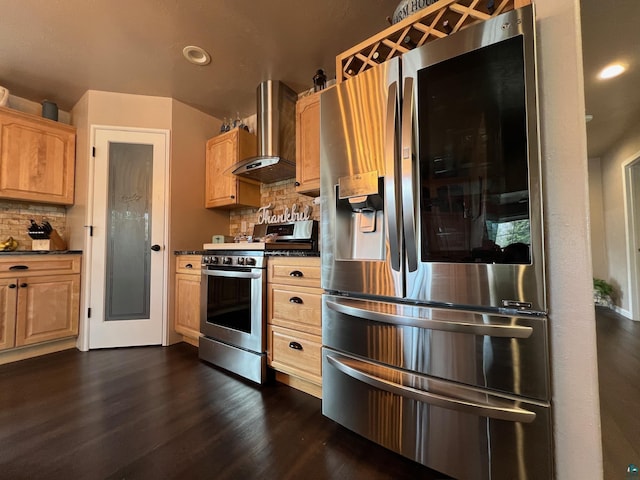 kitchen featuring backsplash, stainless steel appliances, dark wood-style floors, and wall chimney exhaust hood