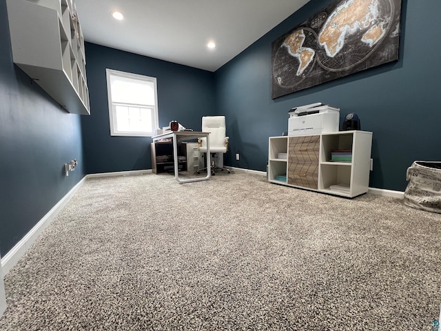 interior space with baseboards, carpet flooring, and recessed lighting