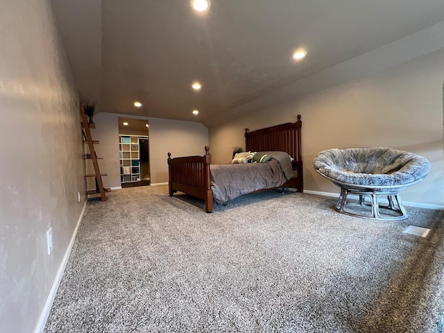 carpeted bedroom featuring baseboards, recessed lighting, and visible vents