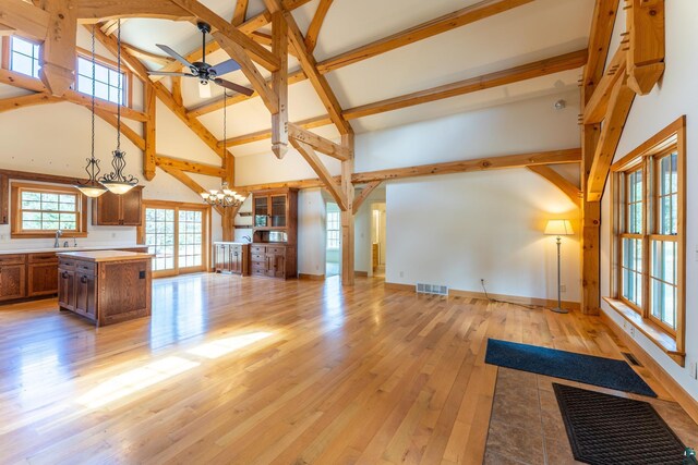 unfurnished living room featuring visible vents, a sink, high vaulted ceiling, beamed ceiling, and ceiling fan with notable chandelier