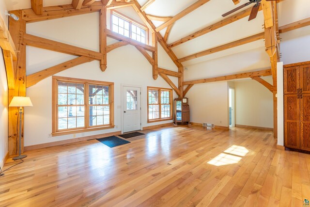 additional living space featuring ceiling fan, light wood finished floors, high vaulted ceiling, beamed ceiling, and visible vents