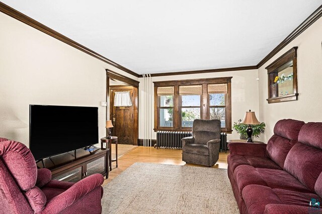 living room with ornamental molding, radiator heating unit, and wood finished floors