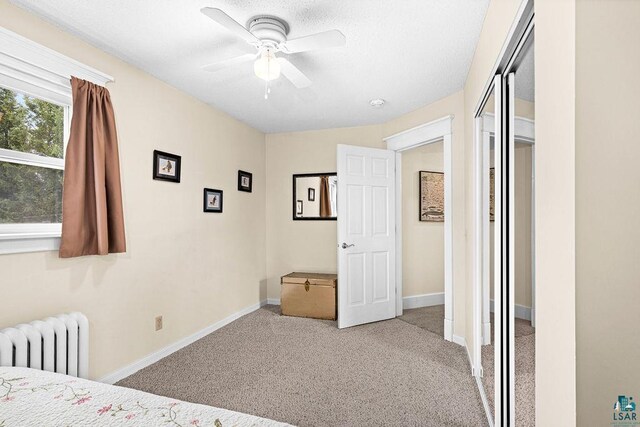 130 W Faribault St, Duluth, MN 55803 - bedroom with ceiling fan, light carpet, radiator, baseboards, and a closet