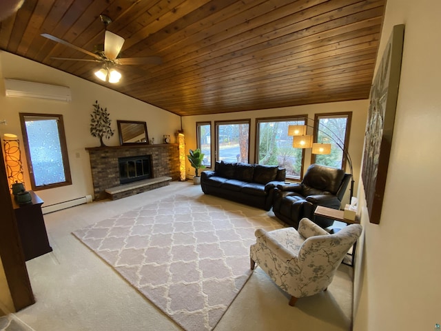 carpeted living area featuring wood ceiling, a baseboard heating unit, a wall mounted air conditioner, and lofted ceiling
