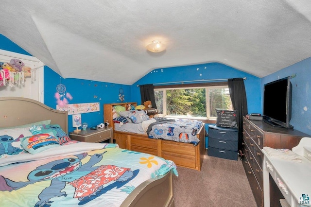 bedroom featuring carpet floors, a textured ceiling, and vaulted ceiling
