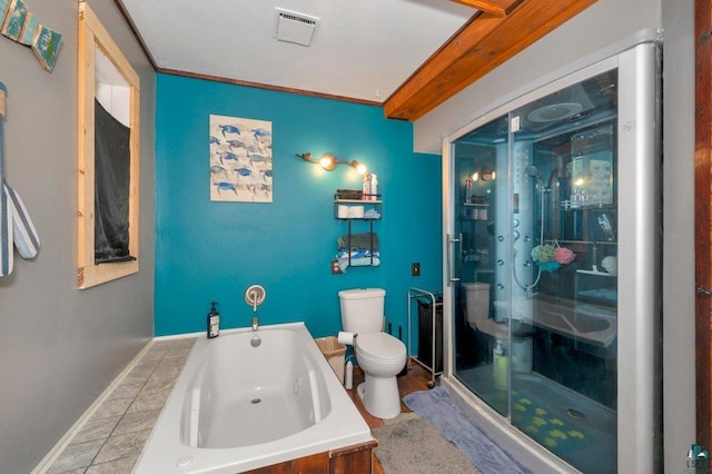 full bath with a bath, visible vents, a stall shower, baseboards, and toilet