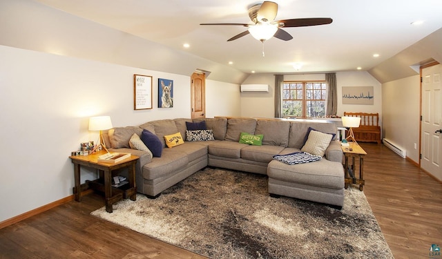 living area with wood finished floors, ceiling fan, baseboard heating, an AC wall unit, and vaulted ceiling