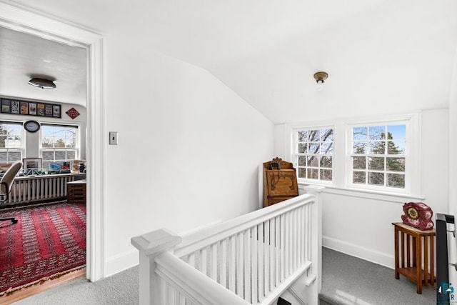 bedroom with baseboards, carpet, and lofted ceiling