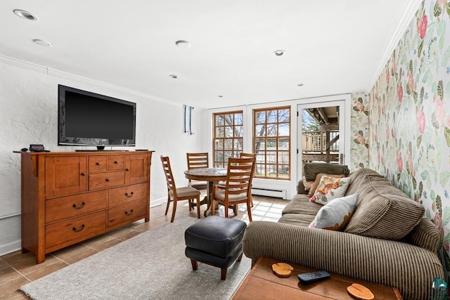 living room with crown molding, baseboards, light tile patterned floors, and a baseboard radiator