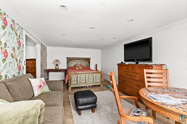 bedroom with crown molding
