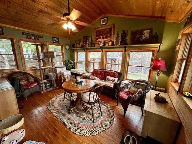 22 Hays Crk, Silver Bay, MN 55614 - interior space featuring a ceiling fan, wooden ceiling, wood-type flooring, and vaulted ceiling