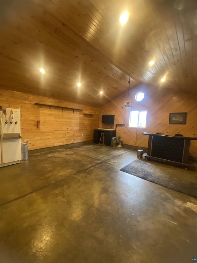 below grade area with wood ceiling and wood walls