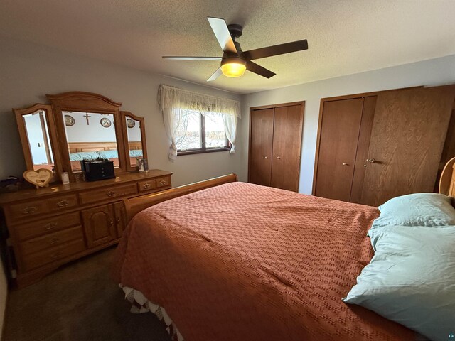 46040 State Highway 65, Nashwauk, MN 55769 - bedroom featuring two closets, a textured ceiling, and a ceiling fan