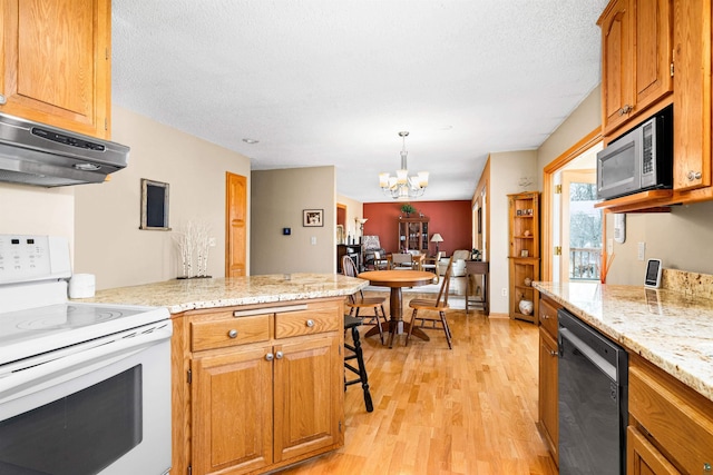 kitchen featuring a notable chandelier, under cabinet range hood, light wood finished floors, stainless steel microwave, and electric stove