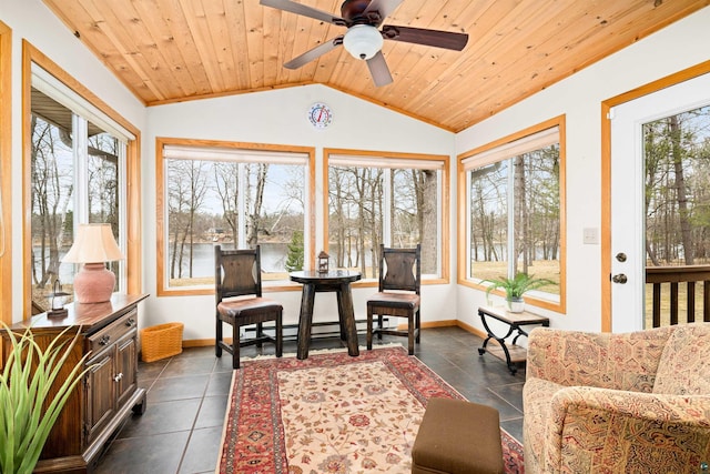 sunroom with wooden ceiling, a water view, lofted ceiling, and a wealth of natural light