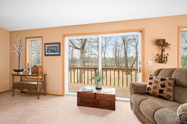 carpeted living area featuring a baseboard radiator and baseboards
