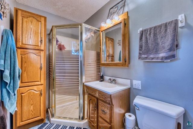 bathroom featuring toilet, vanity, a textured ceiling, and a shower stall